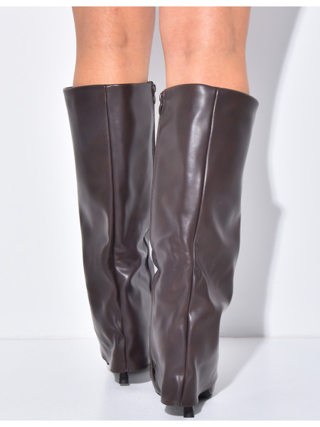 Faux leather boots with stiletto heels and flaps