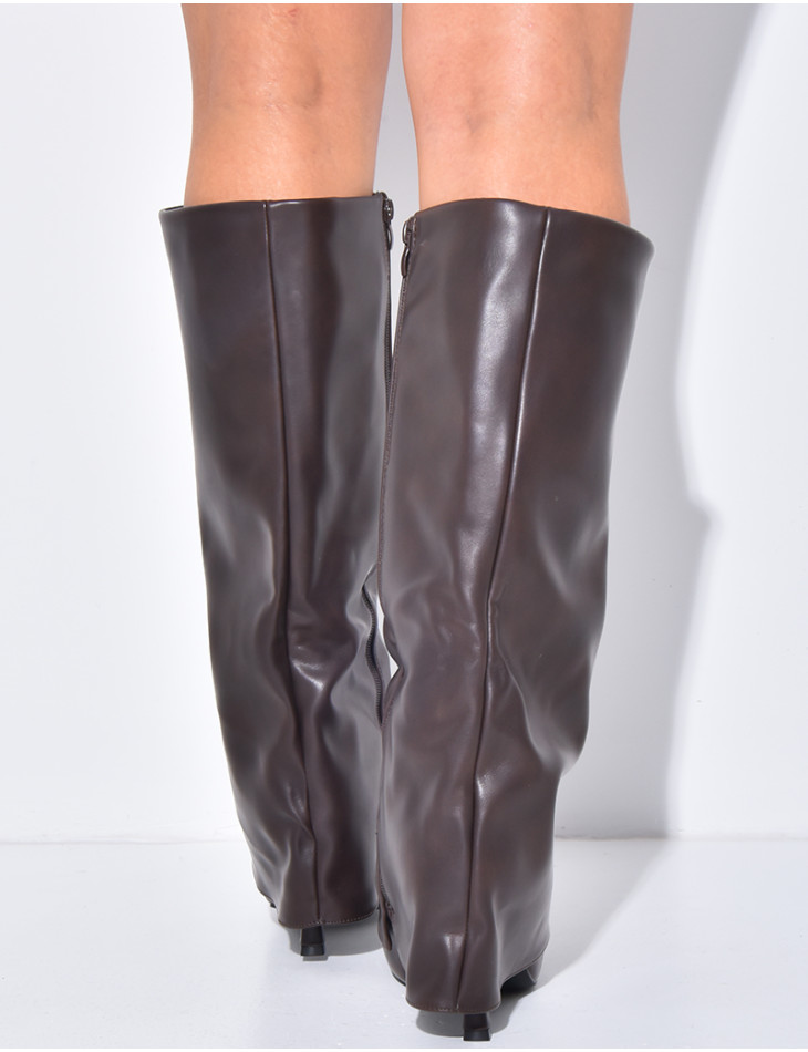 Faux leather boots with stiletto heels and flaps
