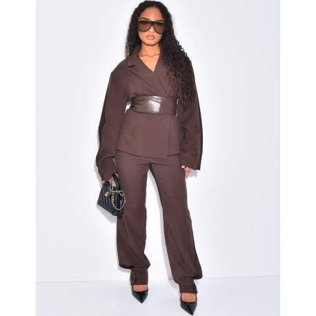 Ensemble tailleur 2 pièces blazer à ceinture en cuir et pantalon boutonné