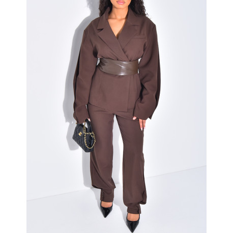 Ensemble tailleur 2 pièces blazer à ceinture en cuir et pantalon boutonné