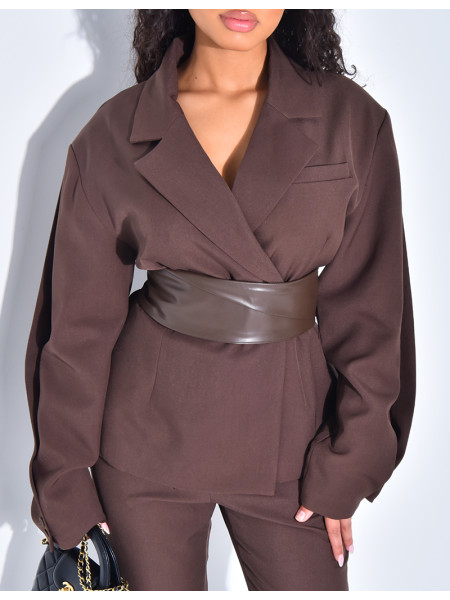 Ensemble tailleur 2 pièces blazer à ceinture en cuir et pantalon boutonné
