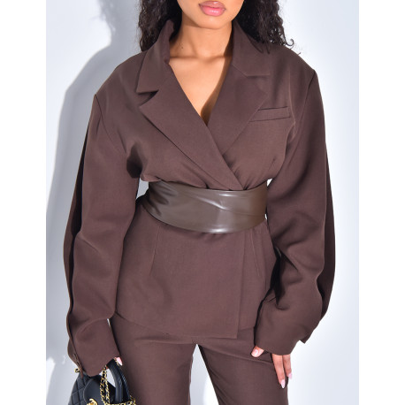 Ensemble tailleur 2 pièces blazer à ceinture en cuir et pantalon boutonné