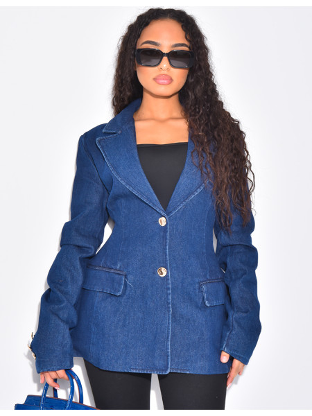 Fitted denim blazer with gold buttons