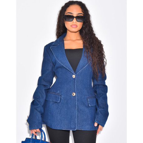 Fitted denim blazer with gold buttons