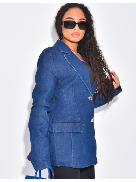 Fitted denim blazer with gold buttons