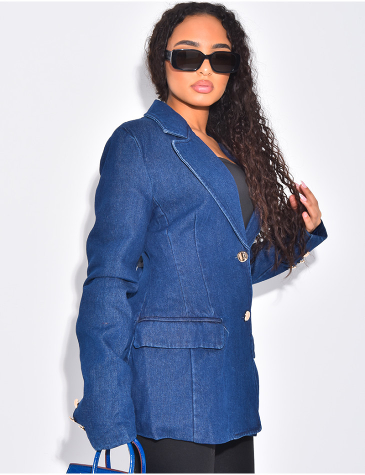 Fitted denim blazer with gold buttons
