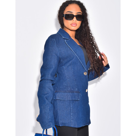 Fitted denim blazer with gold buttons