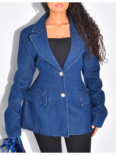 Fitted denim blazer with gold buttons