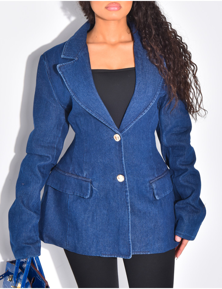 Fitted denim blazer with gold buttons