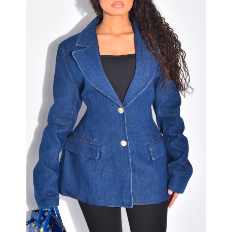 Fitted denim blazer with gold buttons