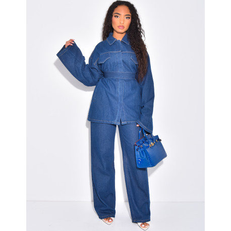 Ensemble 2 pièces chemise oversize noué et pantalon droit en jeans