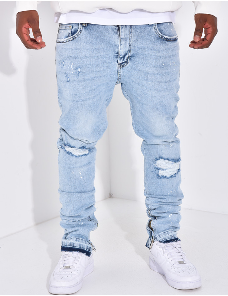 Jeans destroy à tâches de peinture & fermeture éclaire