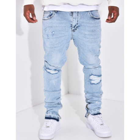 Jeans destroy à tâches de peinture & fermeture éclaire