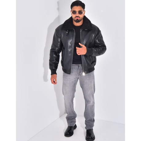 Veste en similicuir avec fourrure au col