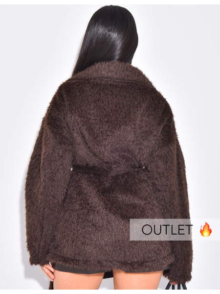 OUTLET| Faux fur wrap coat with gold brooch