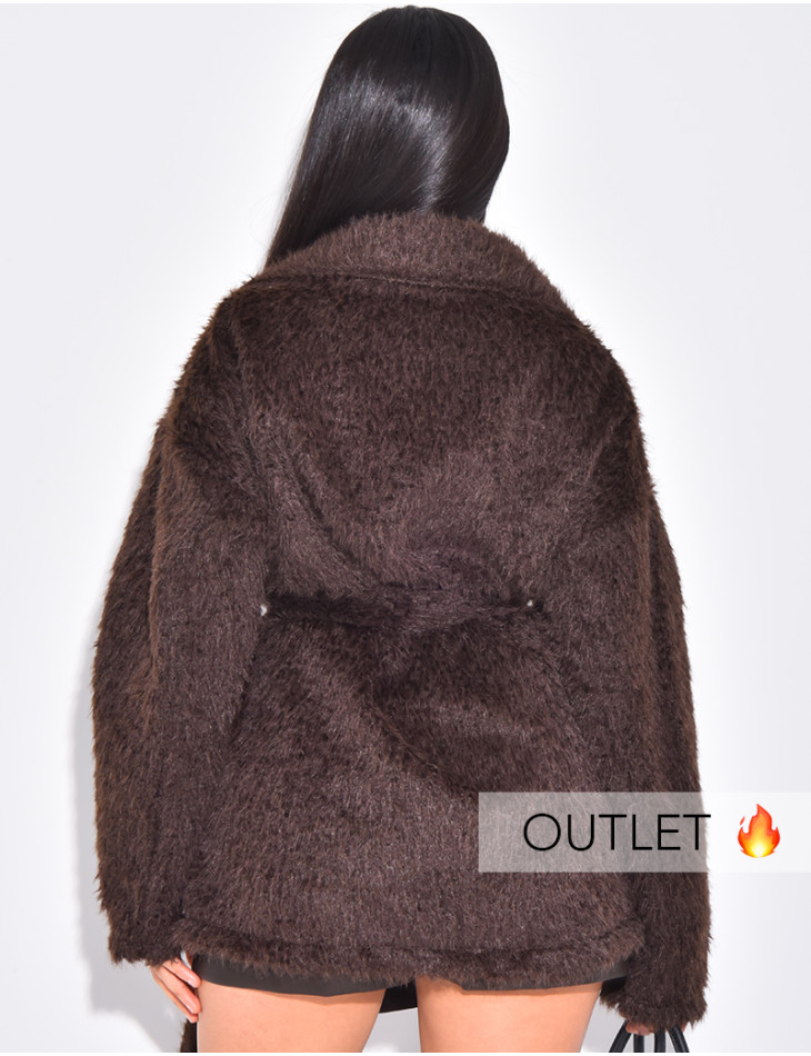 OUTLET| Faux fur wrap coat with gold brooch