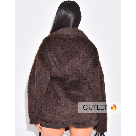 OUTLET| Faux fur wrap coat with gold brooch