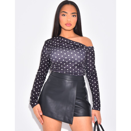 Asymmetrical gathered top with polka dots
