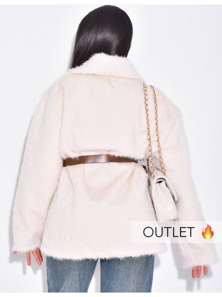 Short faux fur jacket with belt