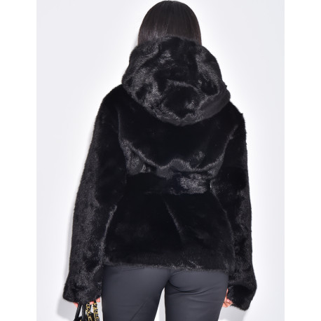 Short faux fur coat with belt and hood
