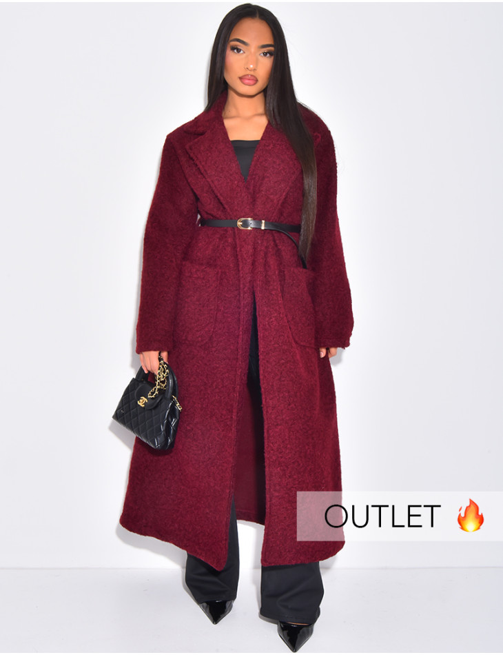 Manteau long en laine bouillie à ceinture à la taille