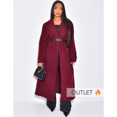 Manteau long en laine bouillie à ceinture à la taille