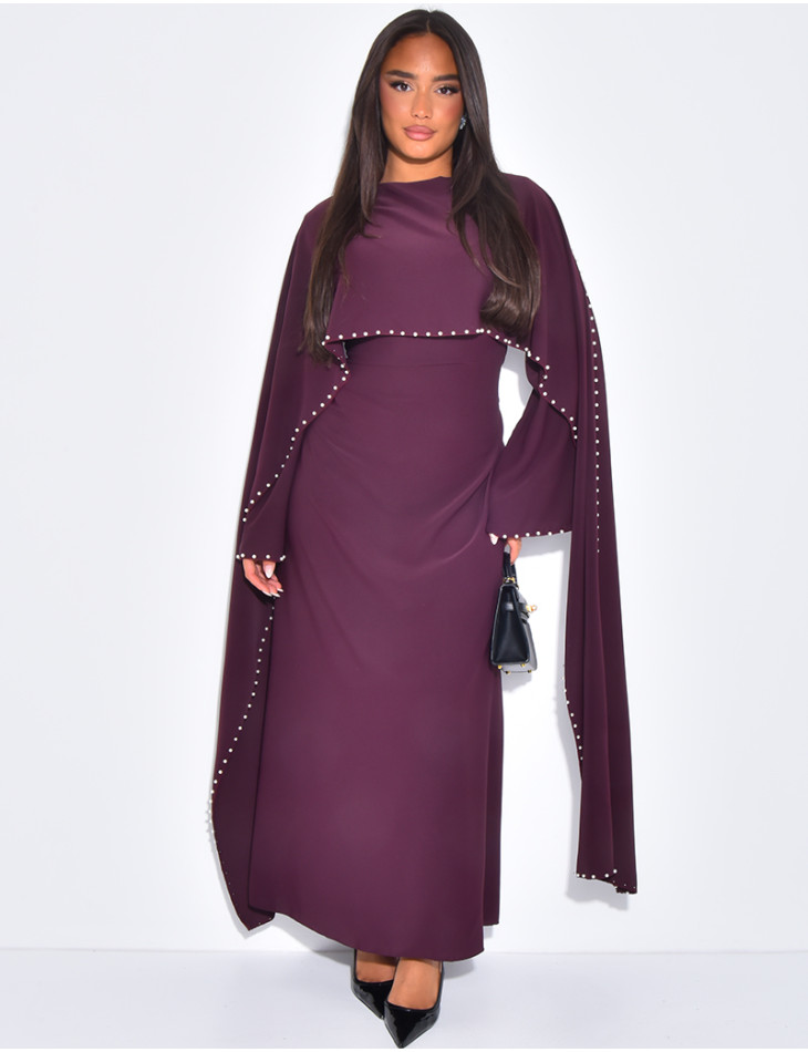 Fitted maxi dress with pearl-embellished cape collar