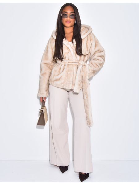 Short faux fur coat with belt and hood