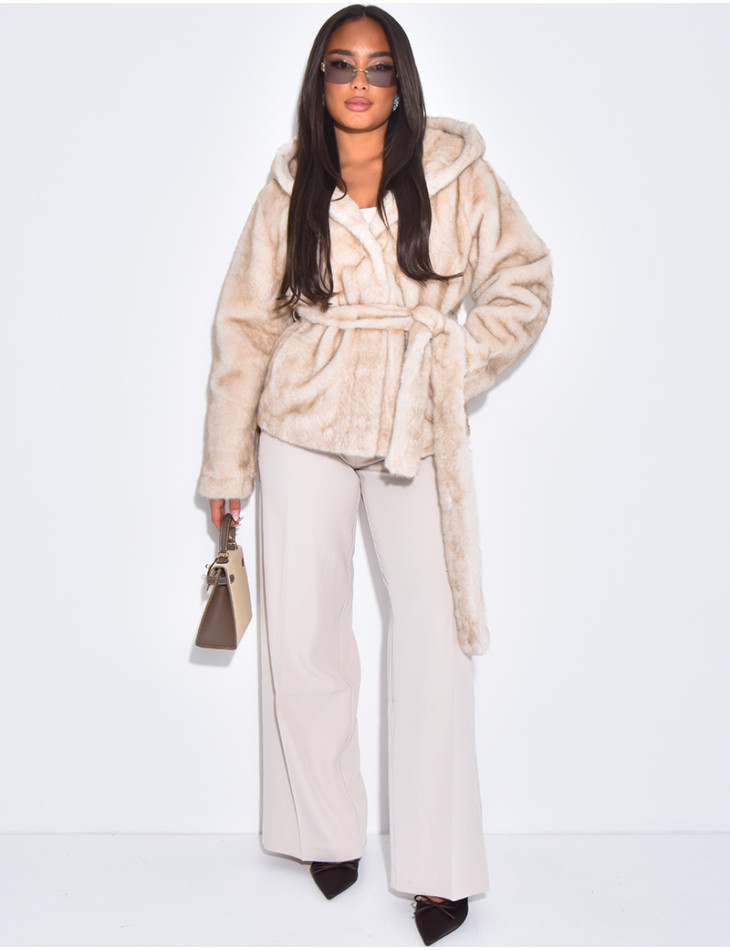 Short faux fur coat with belt and hood