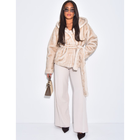 Short faux fur coat with belt and hood
