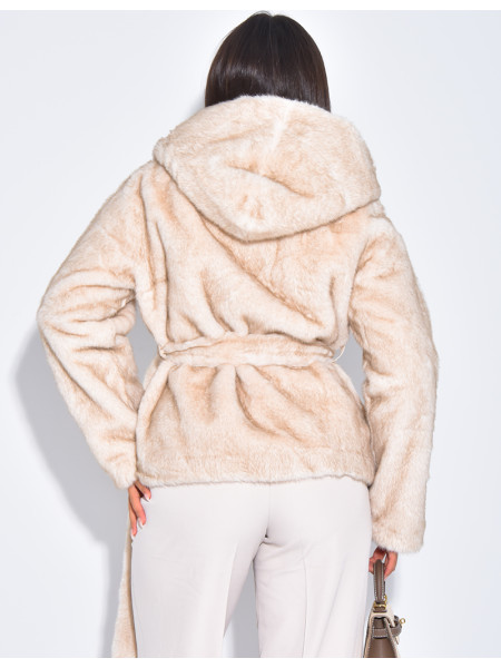 Short faux fur coat with belt and hood