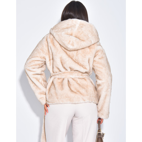 Short faux fur coat with belt and hood