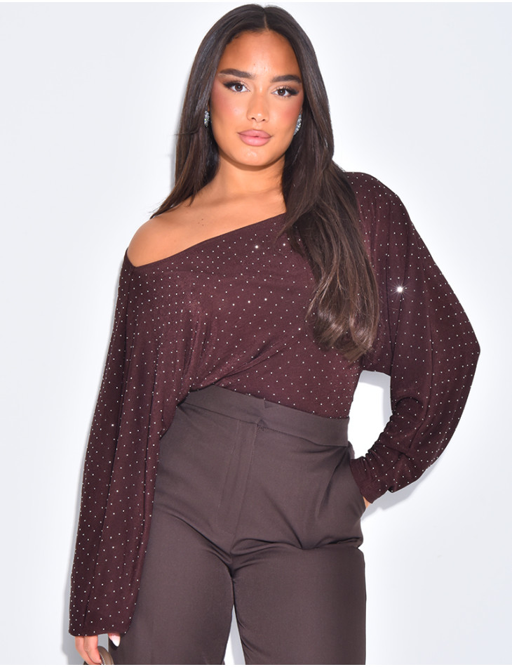 Asymmetrical flowing top with rhinestones
