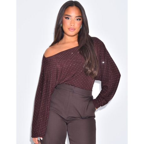 Asymmetrical flowing top with rhinestones