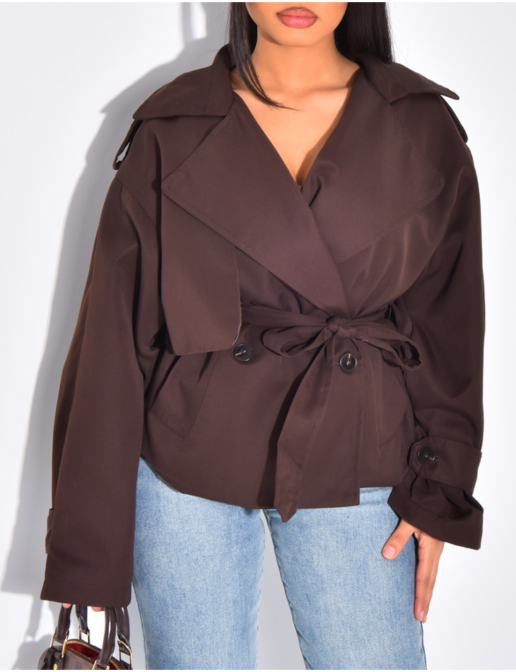 Trench court en tissu imperméable à nouer