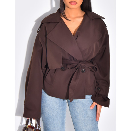 Trench court en tissu imperméable à nouer