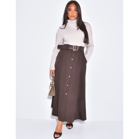 Long dress in two fabrics with belt