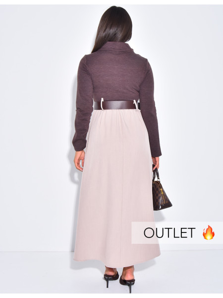 Langes Kleid aus zwei Materialien mit Gürtel