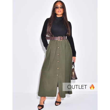 Long dress in two fabrics with belt