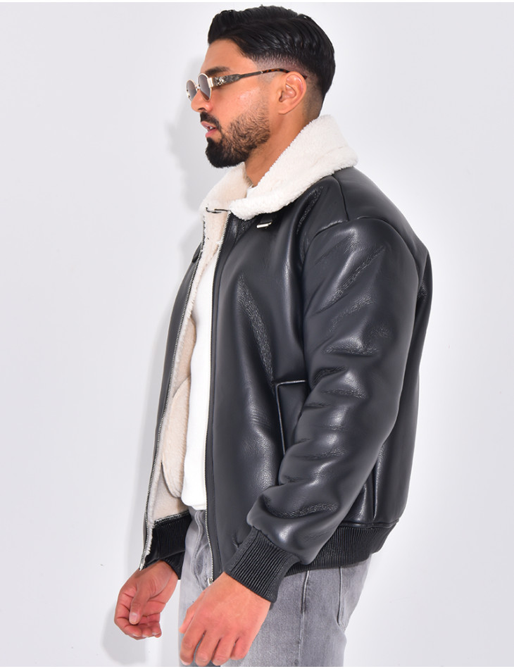 Bombers en similicuir avec fourrure au col