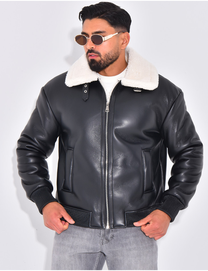 Bombers en similicuir avec fourrure au col