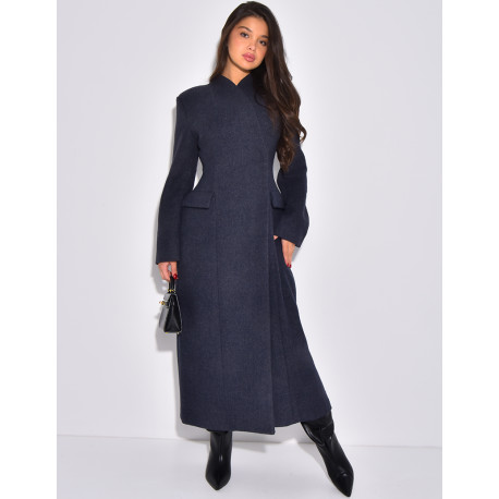 Manteau très long col montant à boutonnière croisée