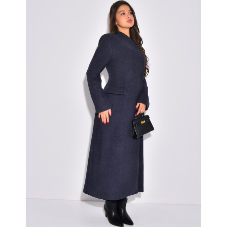 Manteau très long col montant à boutonnière croisée
