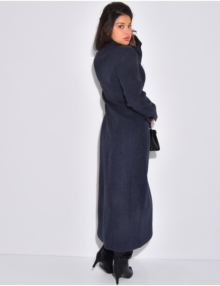 Manteau très long col montant à boutonnière croisée