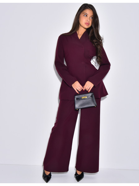 Set comprising a fitted blazer with a stand-up collar and straight-leg trousers