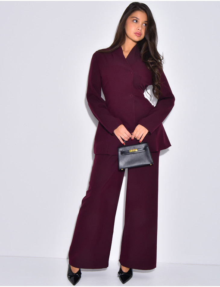 Set comprising a fitted blazer with a stand-up collar and straight-leg trousers