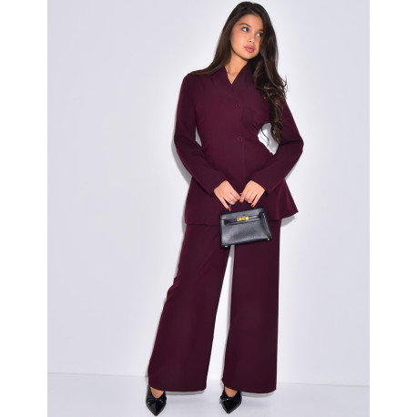 Set comprising a fitted blazer with a stand-up collar and straight-leg trousers