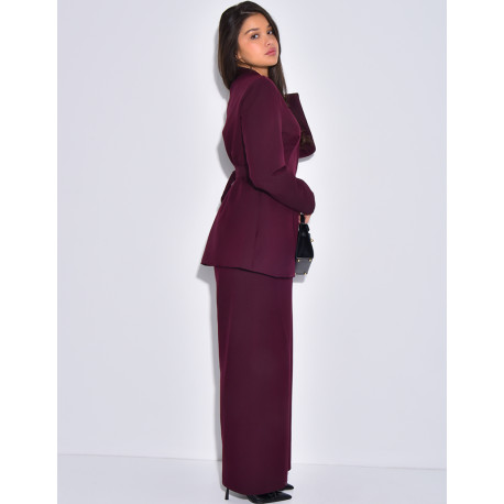 Set comprising a fitted blazer with a stand-up collar and straight-leg trousers