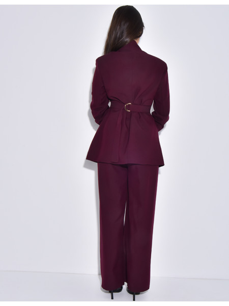 Set comprising a fitted blazer with a stand-up collar and straight-leg trousers