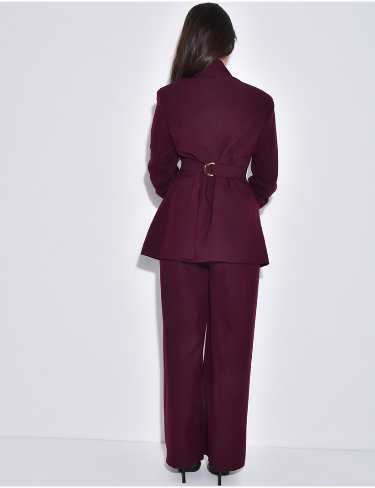 Set comprising a fitted blazer with a stand-up collar and straight-leg trousers